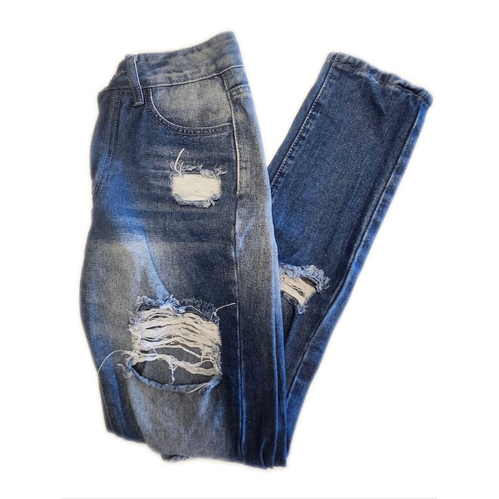 Mid Rise Distressed Medium Blue Wash Slim Leg Jeans, XS